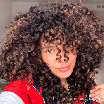 Elastic fluffy curly wig with bangs Black ladies short curly wig large synthetic 2 colors gradient dark brown short curly hair